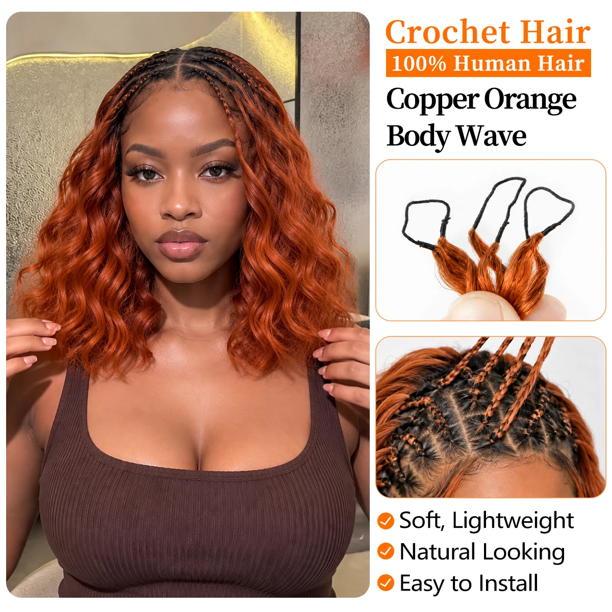 Ginger Copper Short Body Wave Crochet Human Hair Miracle Knots Feather Knotless Pre Separated Invisible Braiding Hair For Women