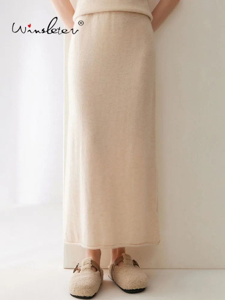 Winsleter-100%Cashmere Elegant Knit Skirts, Elastic Waist Solid, Women French Temperament Straight Skirts, 2026 Autumn B68545CC
