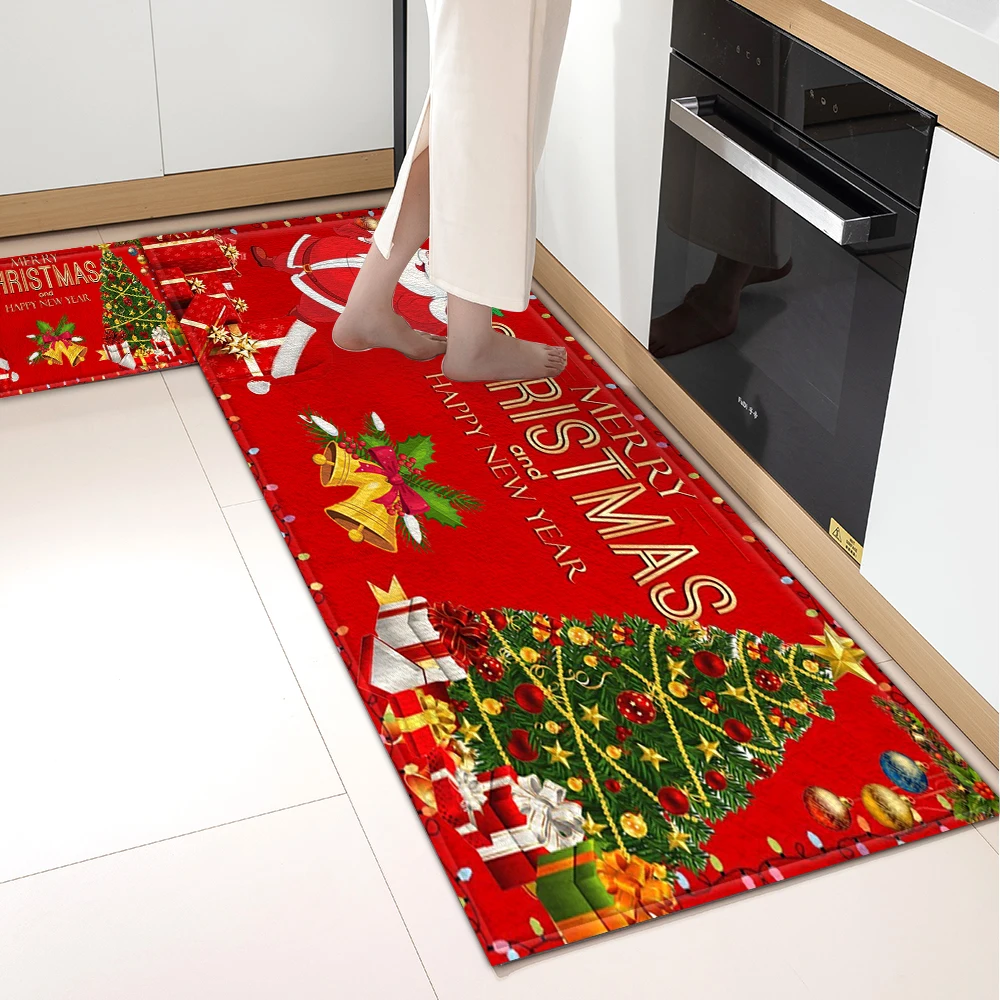 Christmas Kitchen Floor Mat House Living Room Hallway Decor Carpet Bath Entrance Doormat Bathroom Bedroom Door Non-Slip Foot Rug