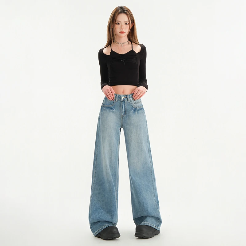 New Women'S Spring Summer Straight Leg Jeans Korean Fashionable Versatile Low Waist Slimming Loose Sagging Wide Leg Floor Pants