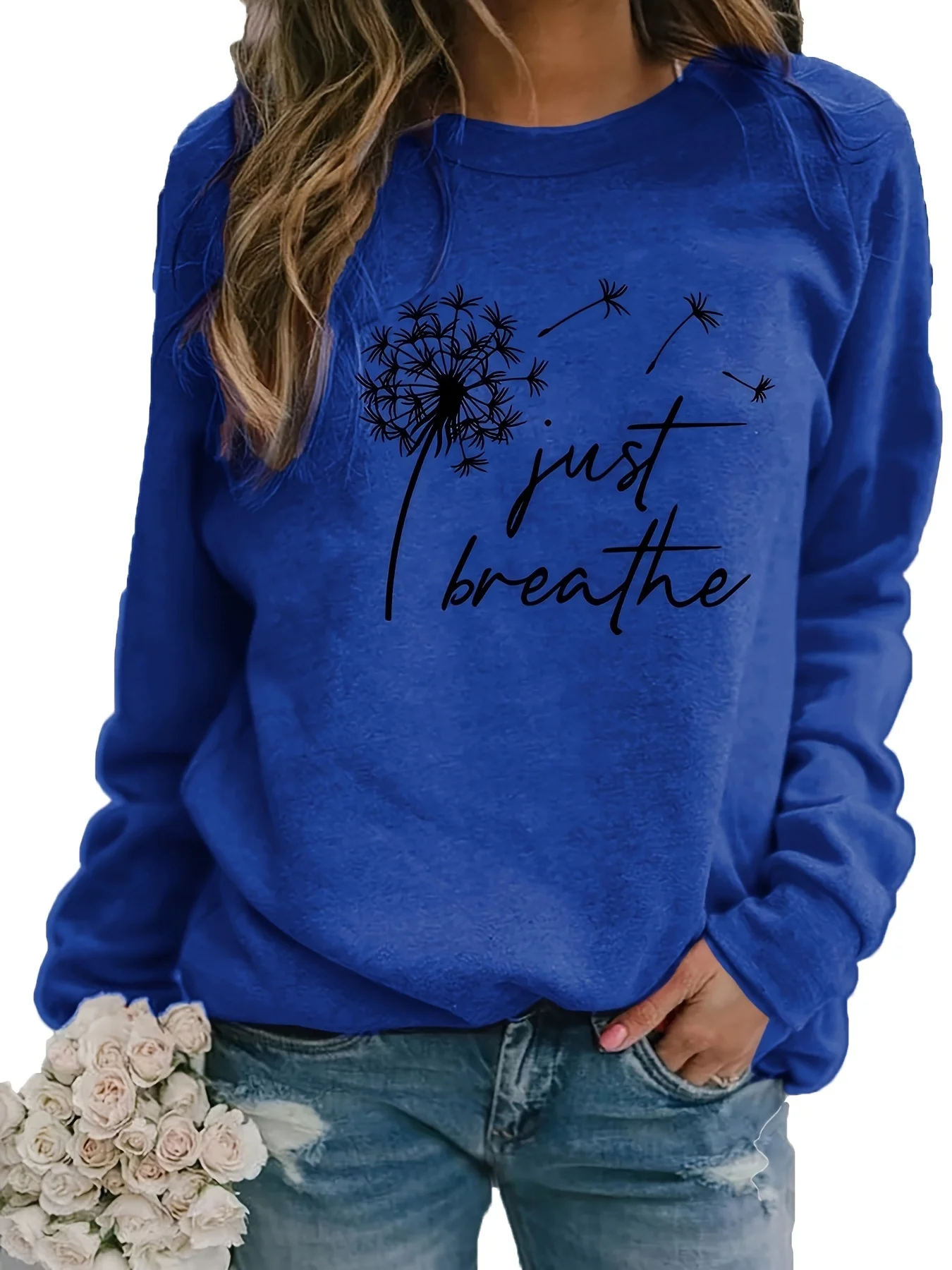 Women's autumn and winter loose casual comfortable dandelion pattern printed with velvet long sleeved round neck hoodie pullover