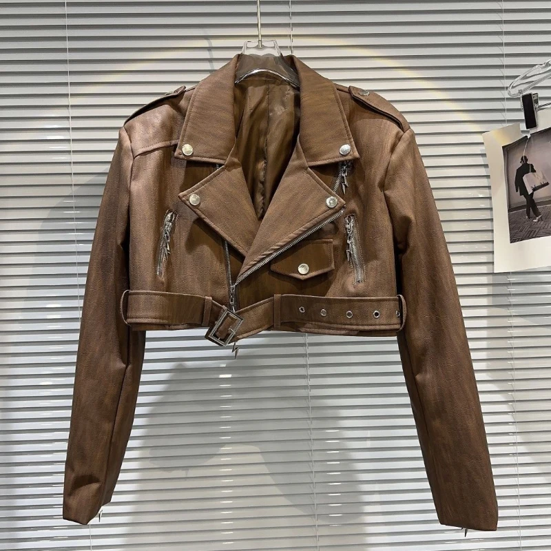 European Style Women Fashion Cool Pockets Short Pu Leather Jacket Coat , Woman Motocycle Jackets Coats