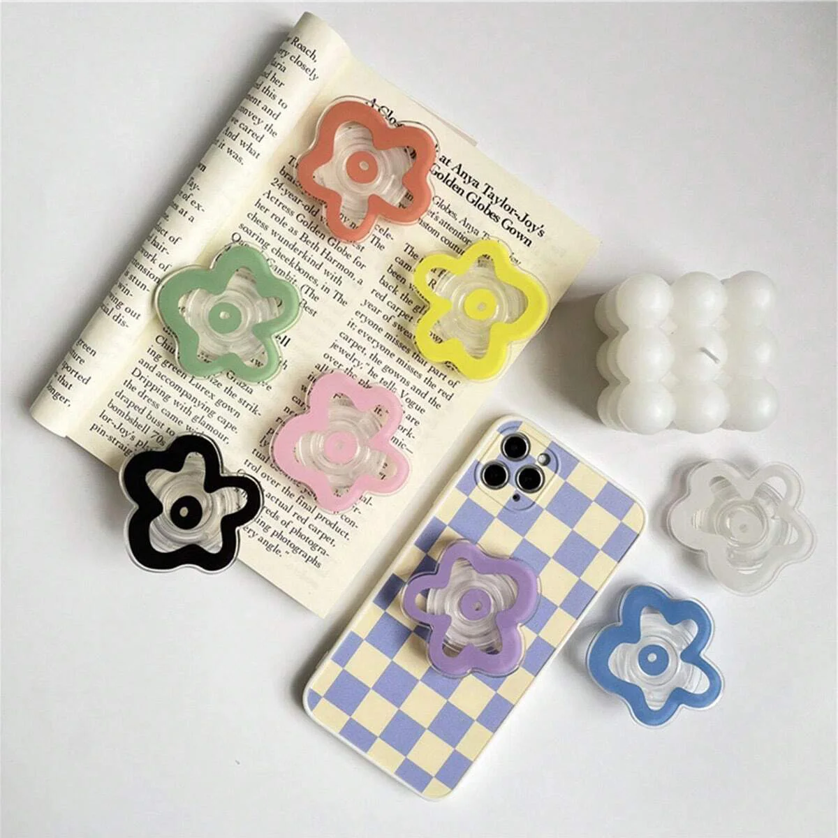 Minimalist Ins-Style Floral Solid Color Transparent Airbag Stand, Adhesive Retractable Foldable Lazy Portable Phone Holder