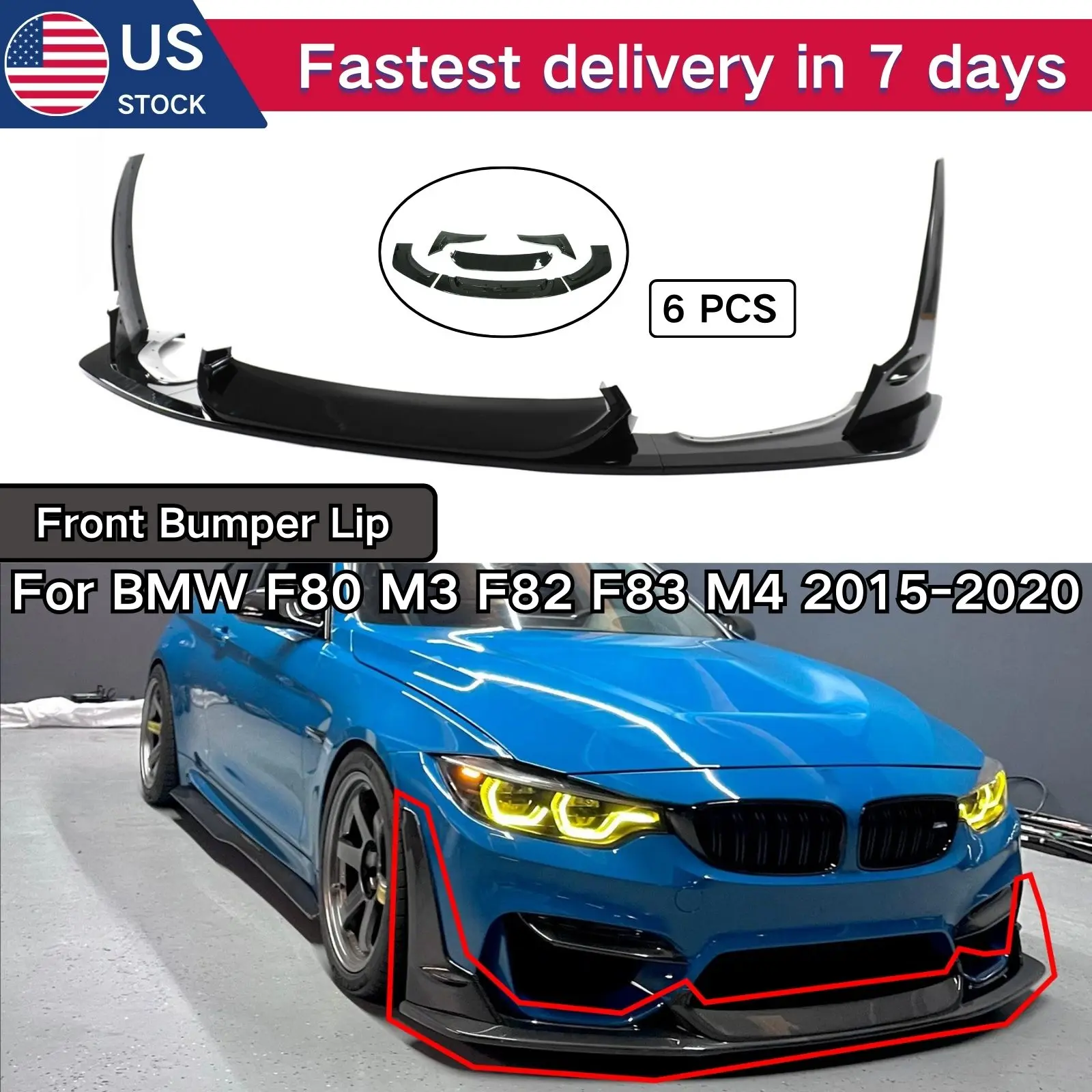 For BMW F80 M3 F82 F83 M4 2015 2016-2020 Front Bumper Lip 6PCS Spoiler Splitter Cars Accessories Body Kit Carbon Fiber Print