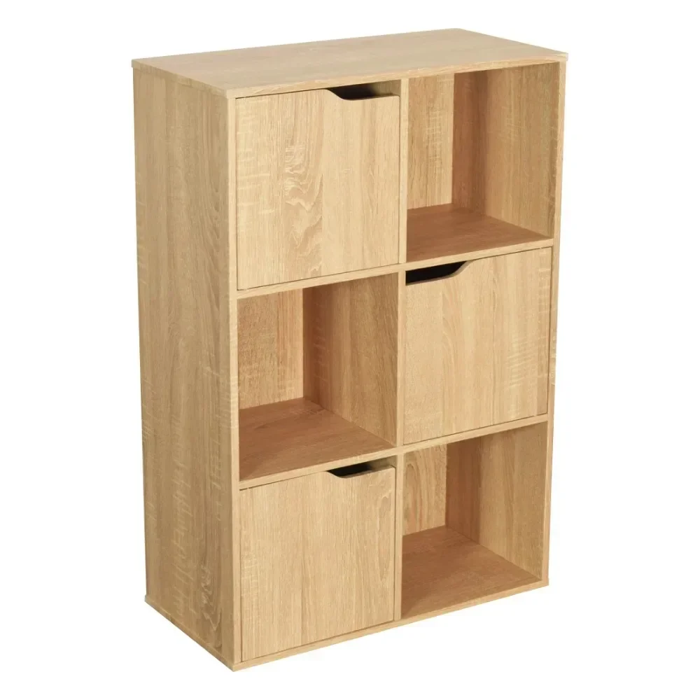 Cube Organizer/Display Shelf With 3 Cupboards, Natural Wood Color