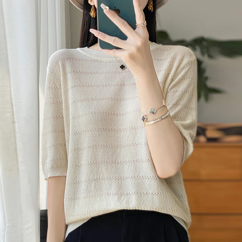 Summer New Lyocell Round Neck Solid Color Hollow Thin Knit T-shirt Solid Color Half Sleeve Loose Top