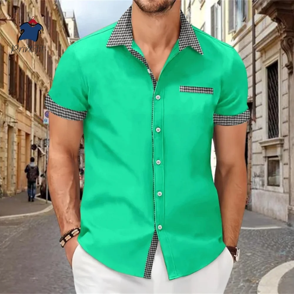 Men Cotton Linen Plaid Blouse Shirts Summer Spring Turn Down Collar Buttonshort sleeve Office Man Workwear Top Men's shirts