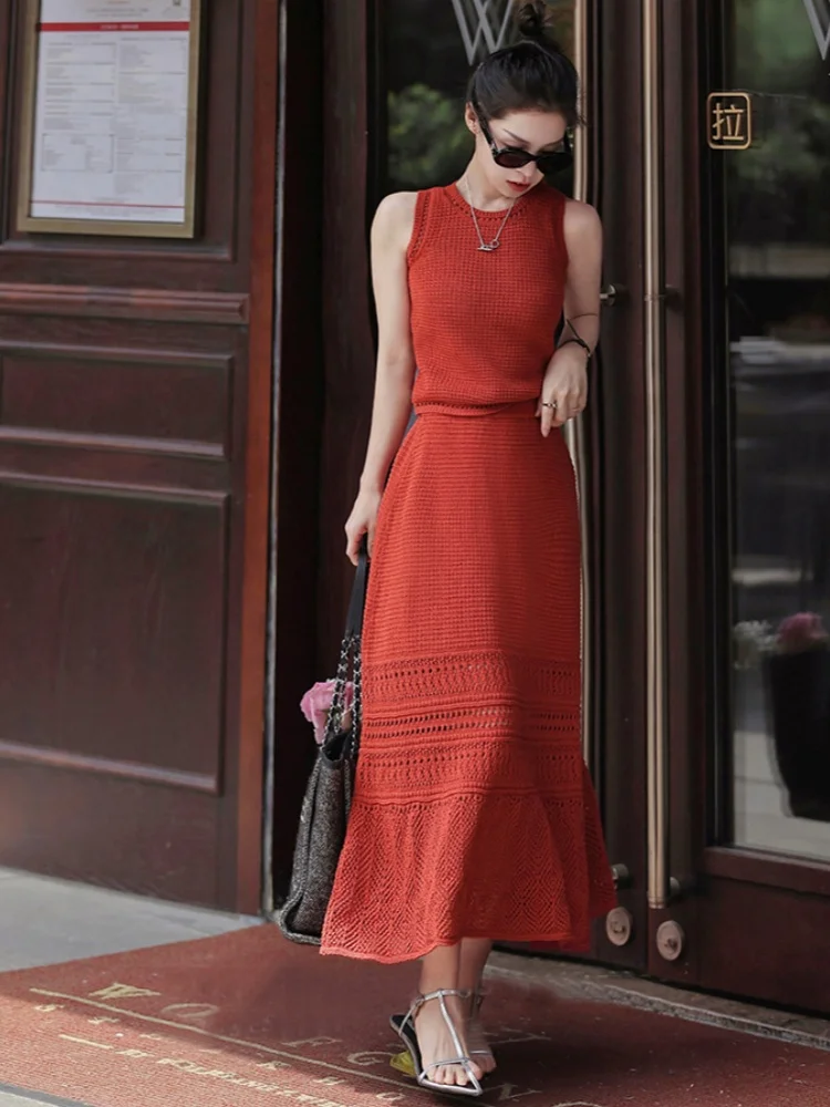 

Vacation Style New Fashion Temperament Knit Vest Two-Piece Set Women's Summer Simple High Waist Long Skirt 2 Piece Outfits