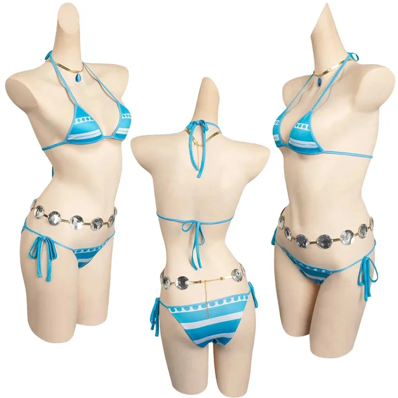 2025 12 Nami Cosplay Bikini traje de baño disfraz Anime pirata juego de rol Sexy traje de baño azul cintura cadena collar mujeres verano playa Su