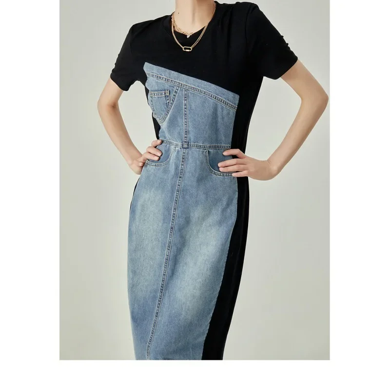 Women Dress Denim Long Dresses Round Neck Short Sleeve Elegant Splice Autumn Tight Waist Casual Temperament Vestidos 2024