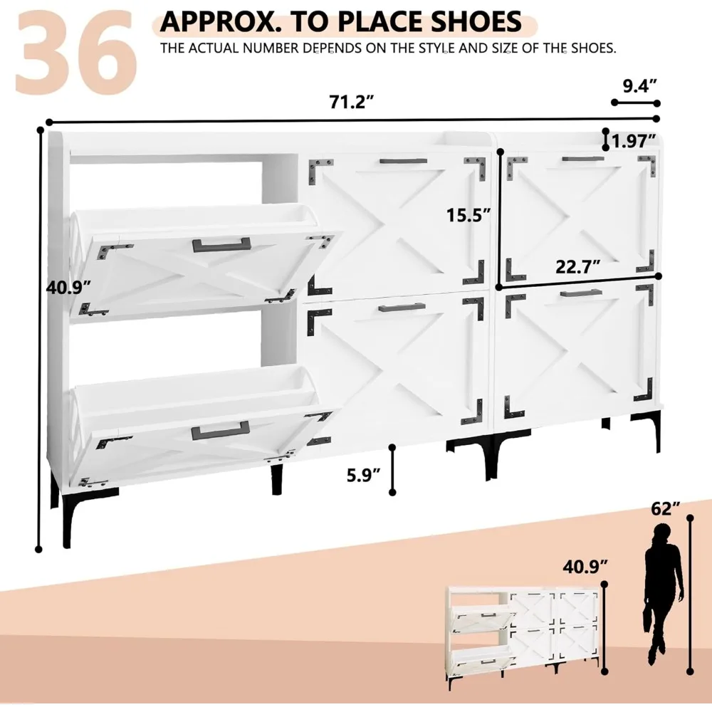 خزانة تخزين الأحذية مقاس 70 بوصة مع 6 أدراج قابلة للطي، منظم أحذية المزرعة 2 في 1 مع تصميم باب الحظيرة وأرجل معدنية، قائم بذاته #2