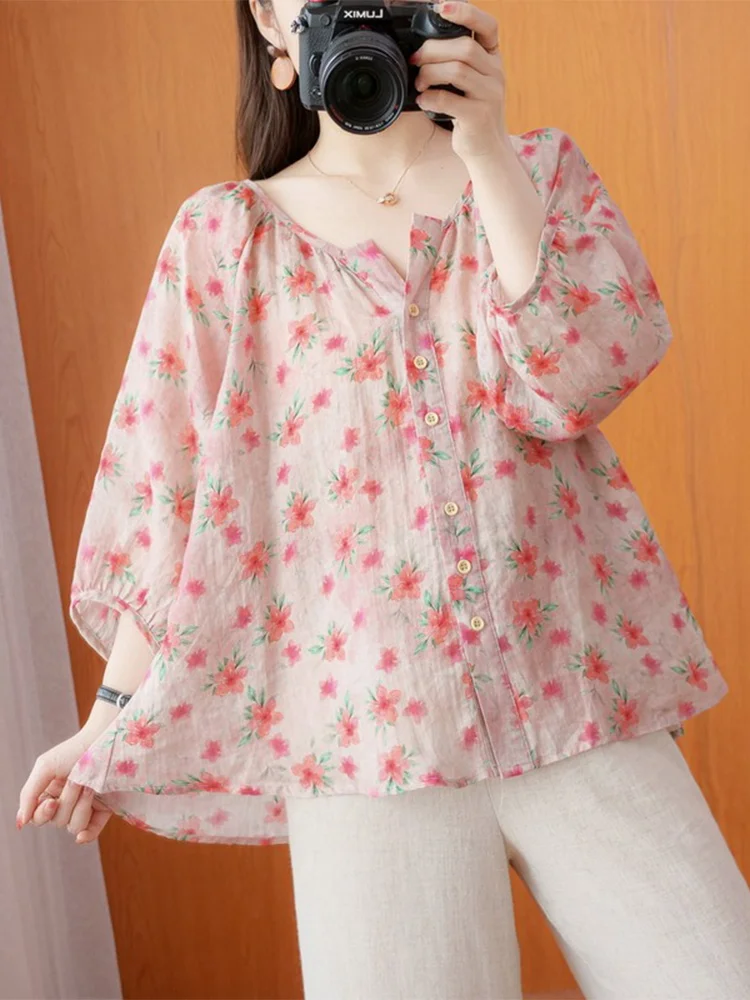 

Loose Linen Thin Flower Print V-Ne Baby Doll irt Women's Casual Comfortable Summer Top Button Svel Regular Length