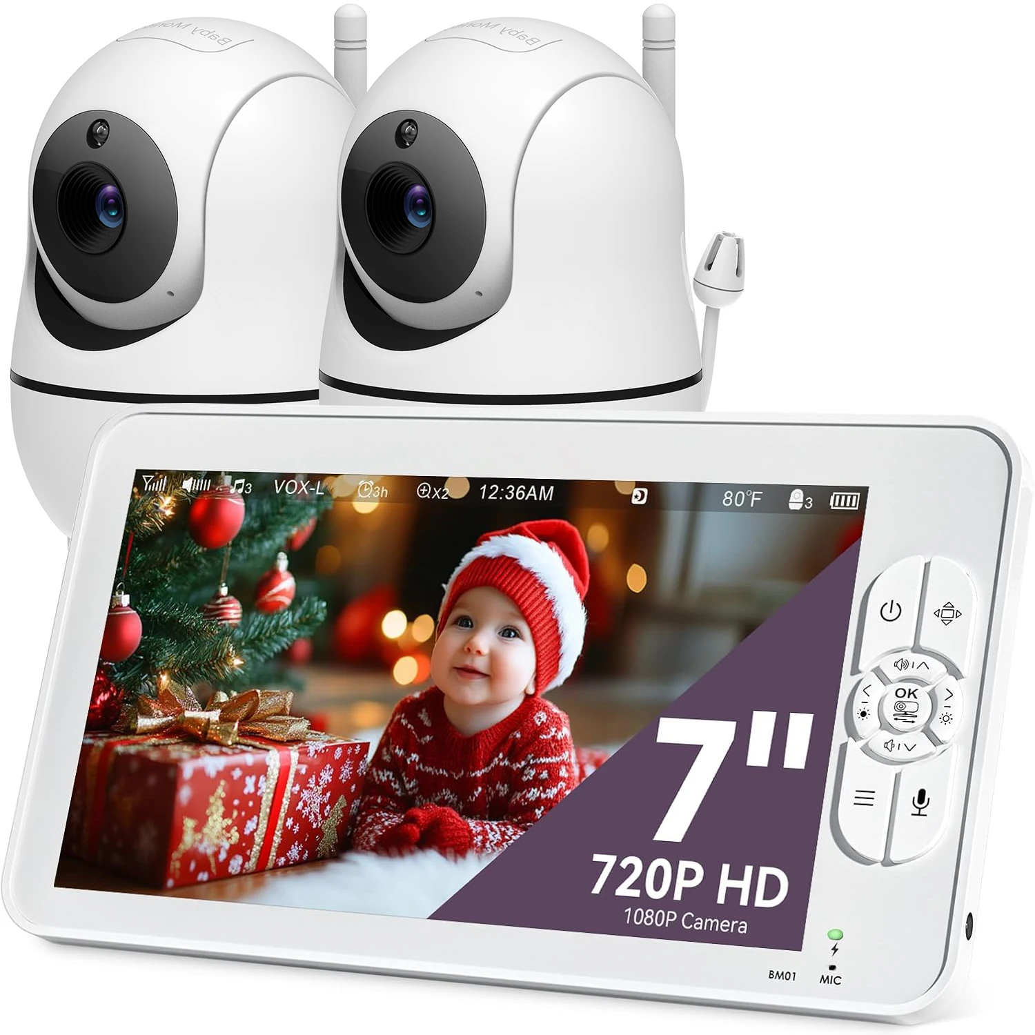 7" babyfoon met 2 camera's 4000 mAh batterij gesplitst scherm video babyfoon geen WiFi afstandsbediening pan-tilt-zoom automatisch nachtzicht
