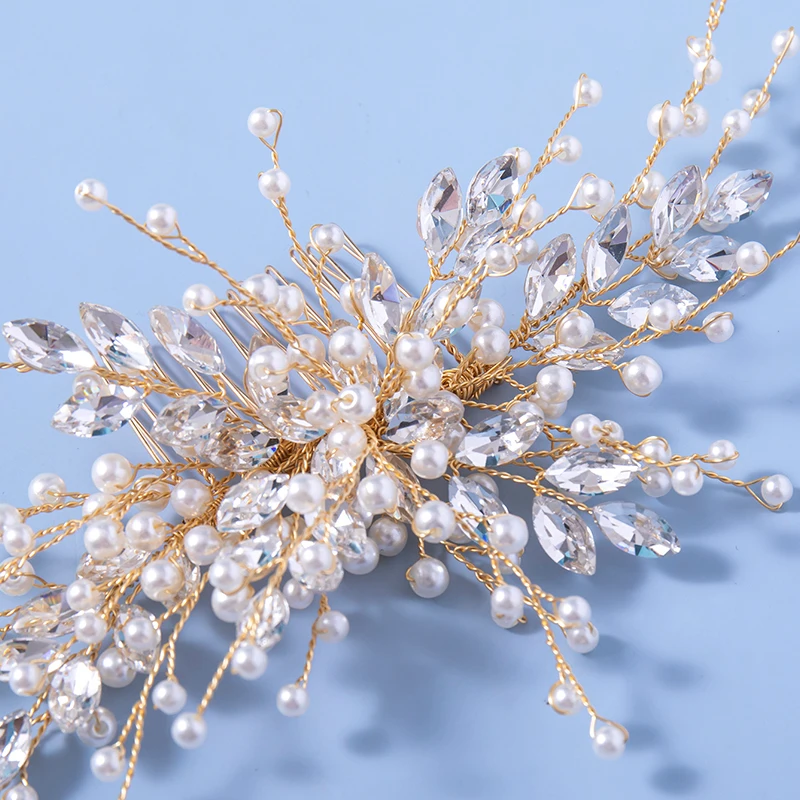 Trendy Leaf Pearl Gold Wedding Hair Combs Tiara Bridal Headpiece Women Head Decorative Jewelry Hair Accessories Headdress image 6