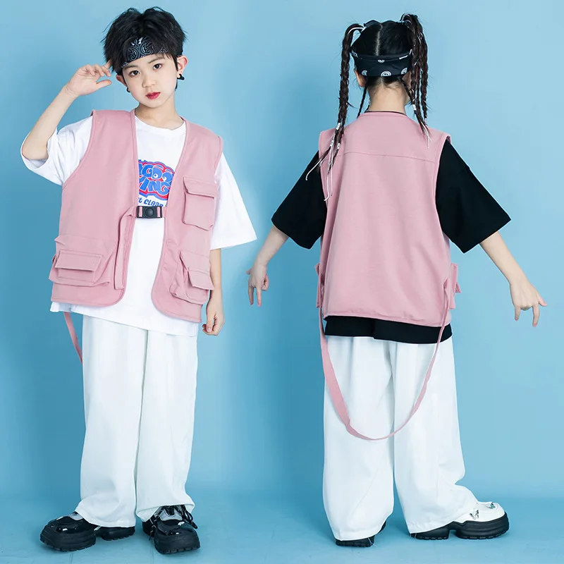 

Kid Hip Hop Clothing Pink Knitted Sleeveless Jacket Tactical Vest White Casual Wide Pants for Girls Boys Dance Costume Clothes