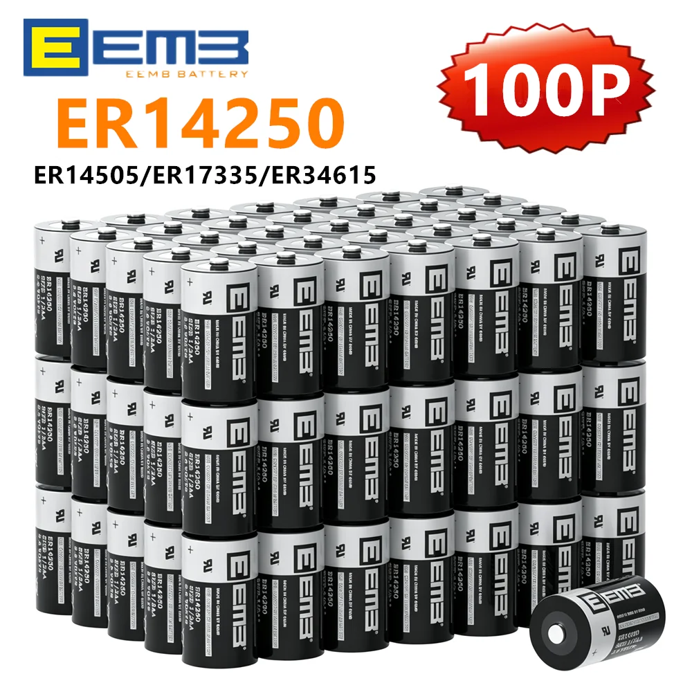 EEMB ER14250 3.6V 1200mAh 1/2AA Lithium Battery 100pcs ER14505 ER34615 Non-rechargeable Cell For Smart Meter IoT Sensor