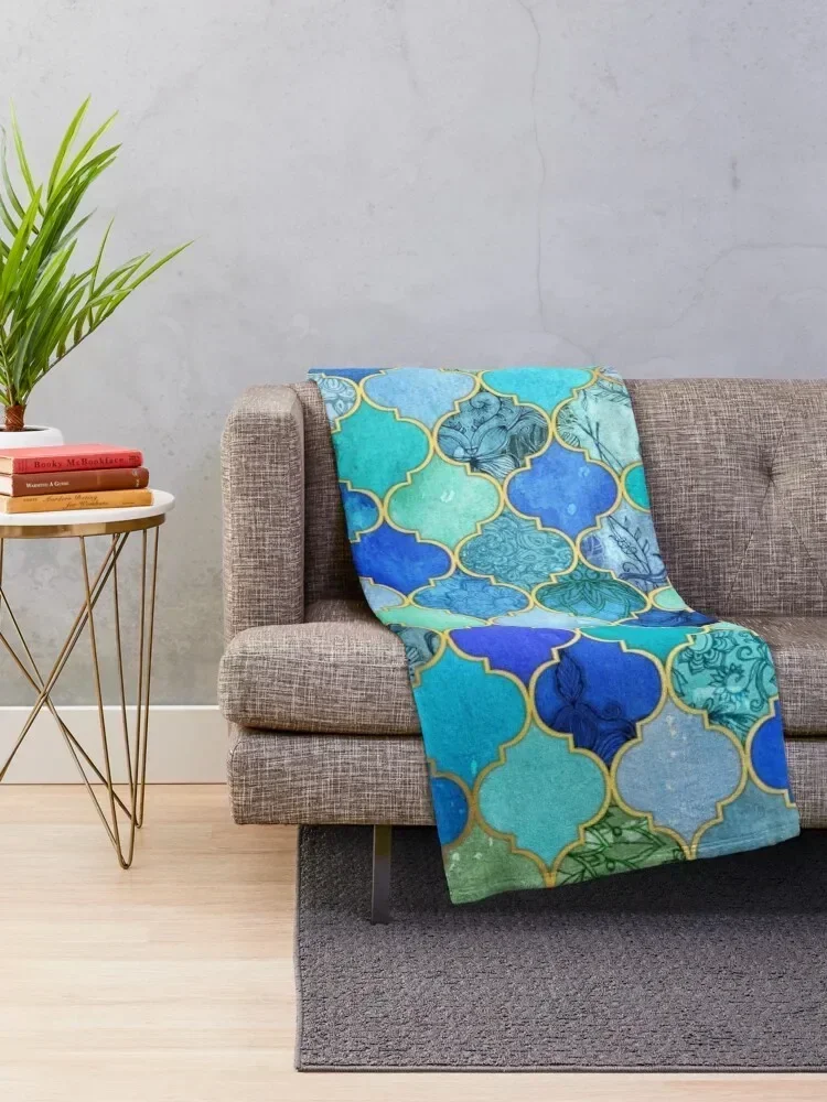 Cobalt Blue, Aqua & Gold Decorative Moroccan Tile Pattern Throw Blanket Cute Flannel Bed Moving Blankets