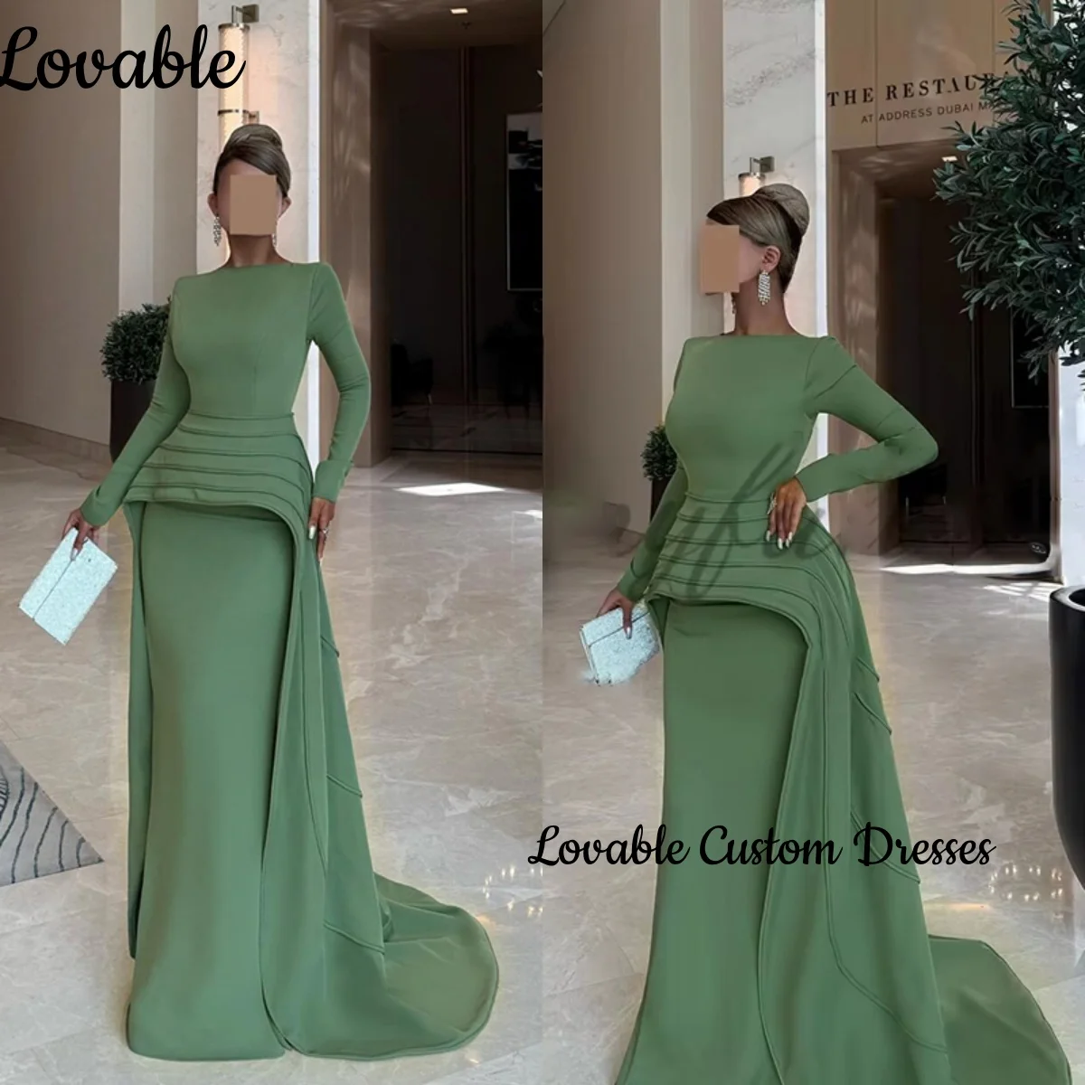 

Элегантное вечернее платье зеленого цвета с овальным вырезом и скользящим шлейфом, платья для выпускного вечера с рюшами и длинными рукавами на молнии, Vestidos De Fiesta