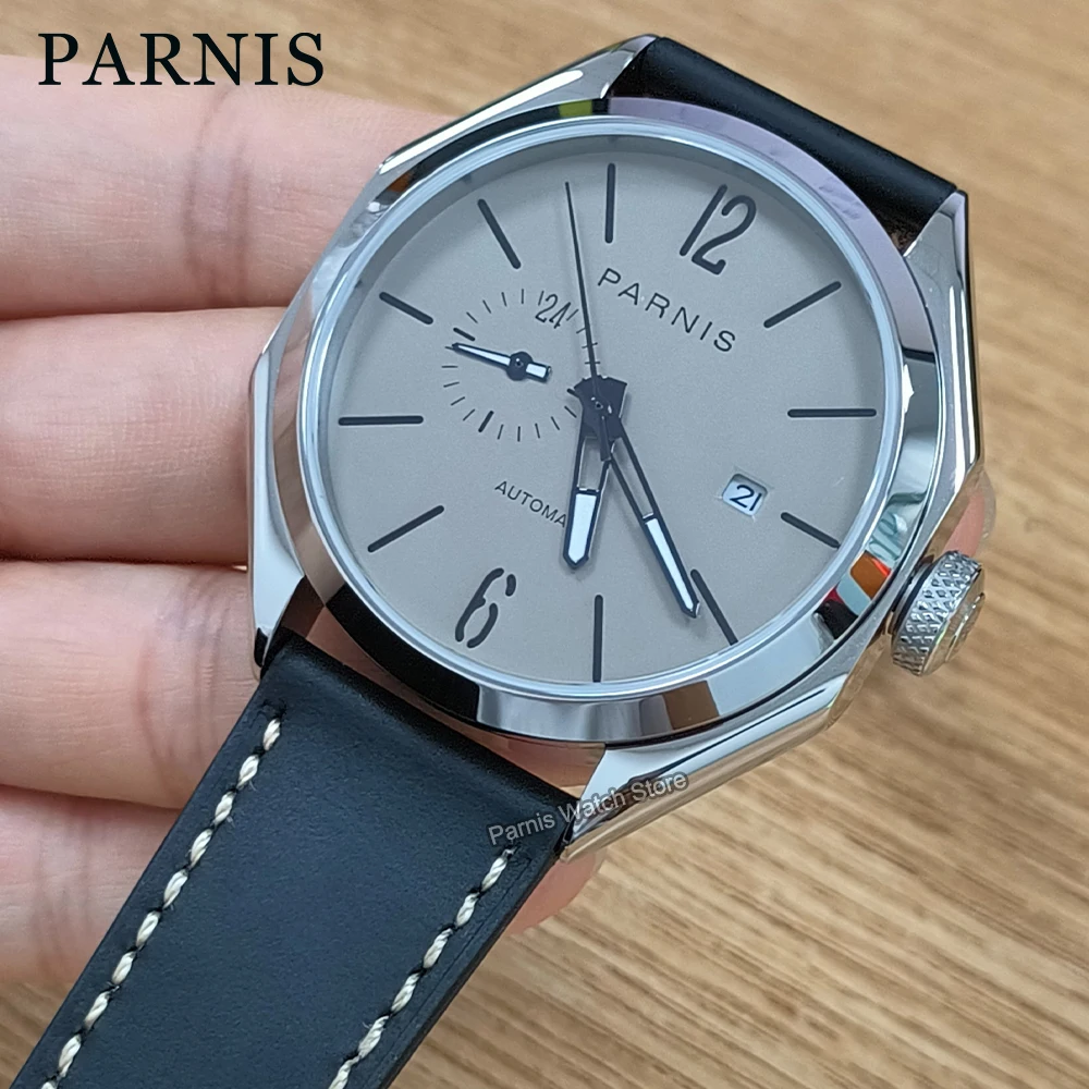 Parnis 43mm Miyota 21 Jewels Automatic Movement Men\'s Mechanical Watch Sapphire Crystal Date Gray 24 Hours Small Dial Gift