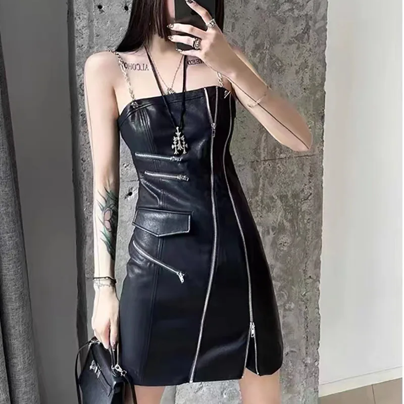 

2023 New Style Women Street European And American Locomotive Style Dark Black Chain Sling Genuine Sheepskin Dress