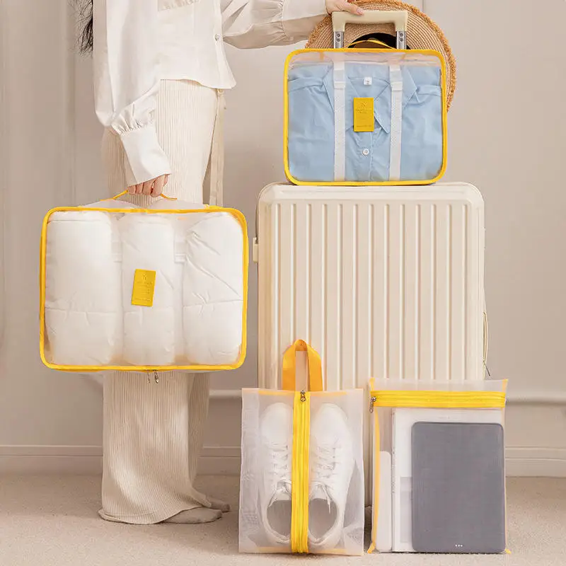 7 pçs conjunto de sacos de armazenamento organizador de viagem mala cubos de embalagem conjunto casos portátil bagagem roupa interior sapato arrumado bolsa dobrável