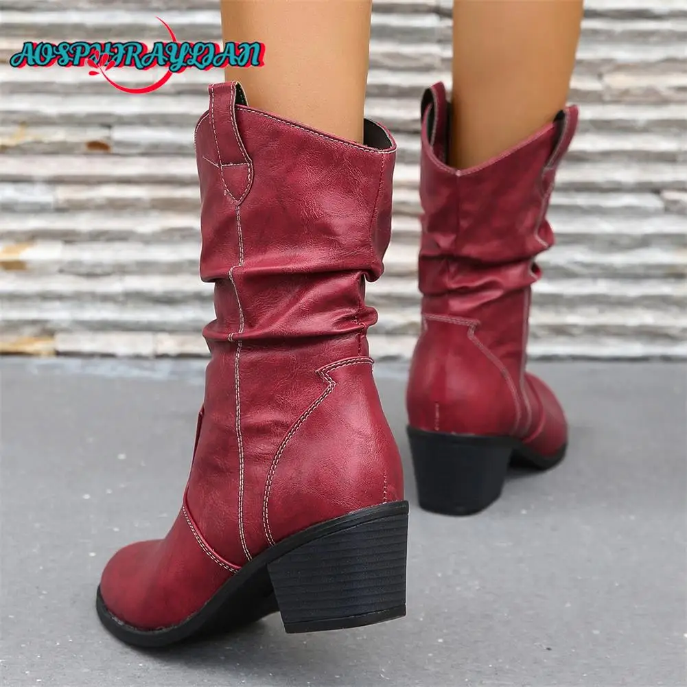 Brand New Ladies Round Toe Cowboy Boots Fashion Slip-on Solid Chunky Heels women's Cowgirl Boots Casual Vintage Shoes Woman