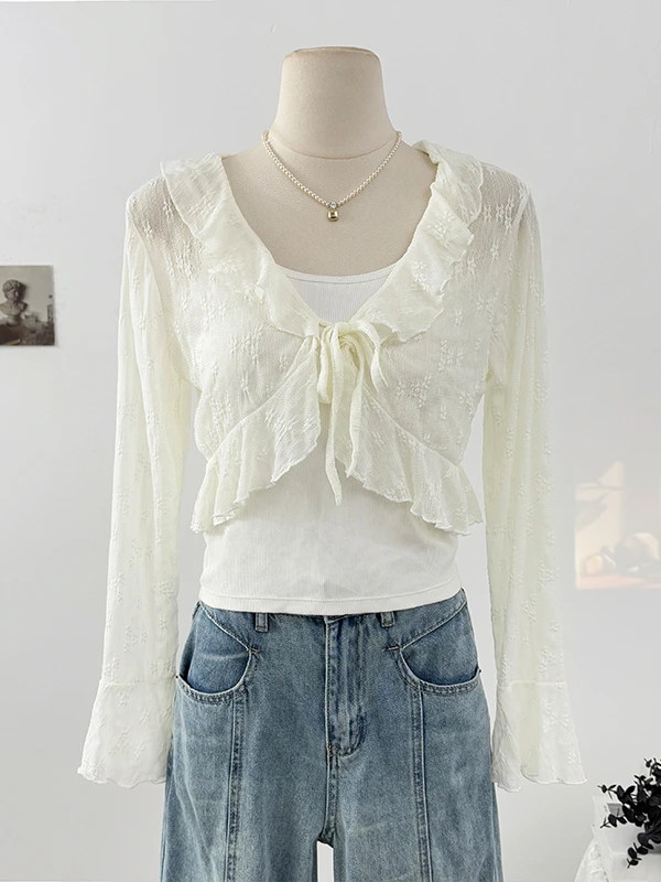 

Knot Belted Bell Sve Sun Protection Open Cardigan Women's Spring 2025 Lace Hollow out ort Sle Top