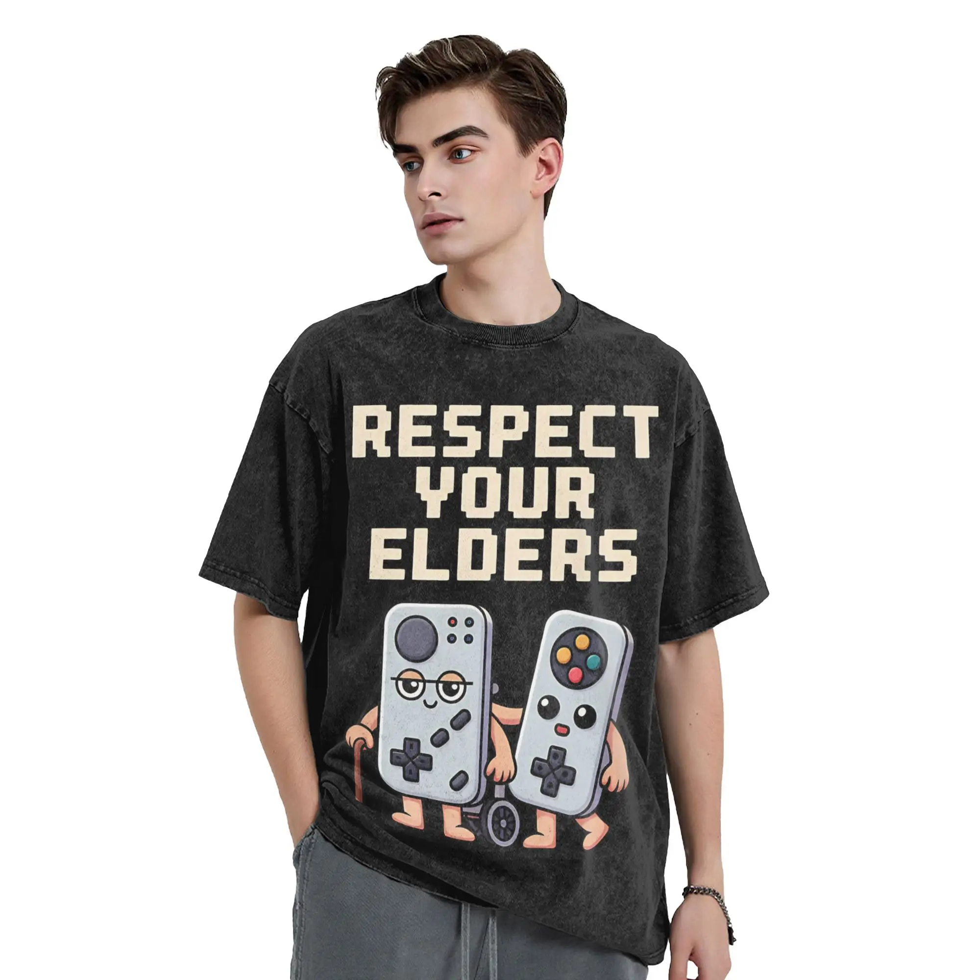 Respect Your Elders gaming retro controllers Washed T Shirt 100% Cotton T-Shirt O Neck    Tee Shirt Short Sleeve Tops Gift Idea