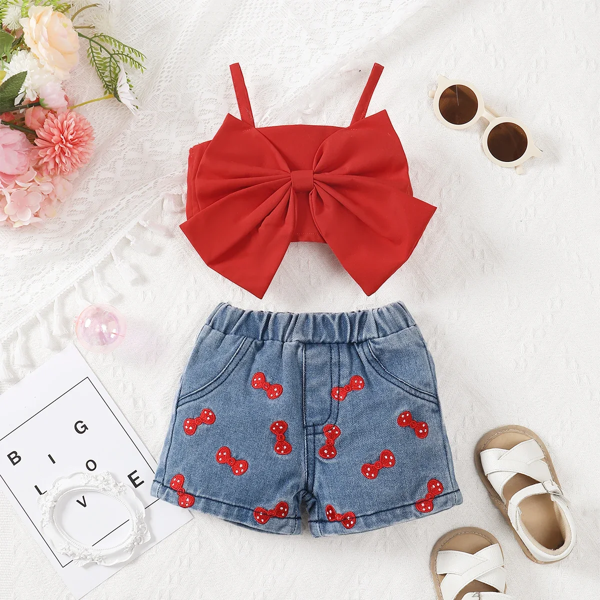 2Pcs Baby Girls Sets Summer Newborn Clothes Pure Red Suspender+Embroidered Printed Denim Shorts Fashion Baby Casual Suit