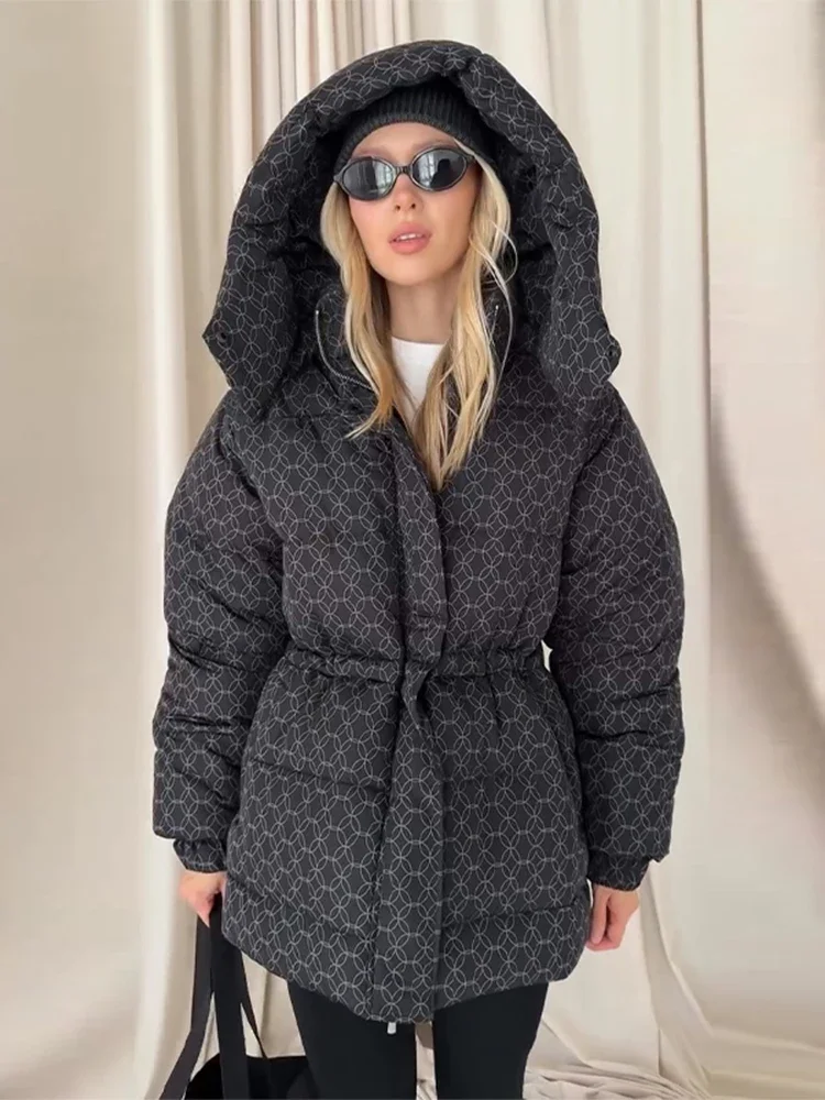 Women's Cotton Jacket Hooded Geometric Print Cinch Waist Mid-Length Female Coats Drawstring Tie Winter Loose Casual Coat Ladies