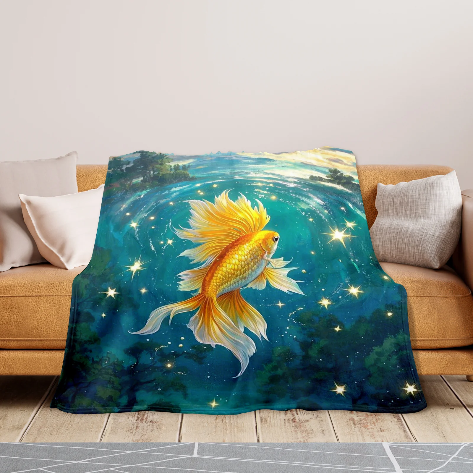 Cobertor de peixe betta pintado à mão, design inspirado no floresta, lance com tema de fantasia para decoração de casa, ideia de presente, tema aquático encantado