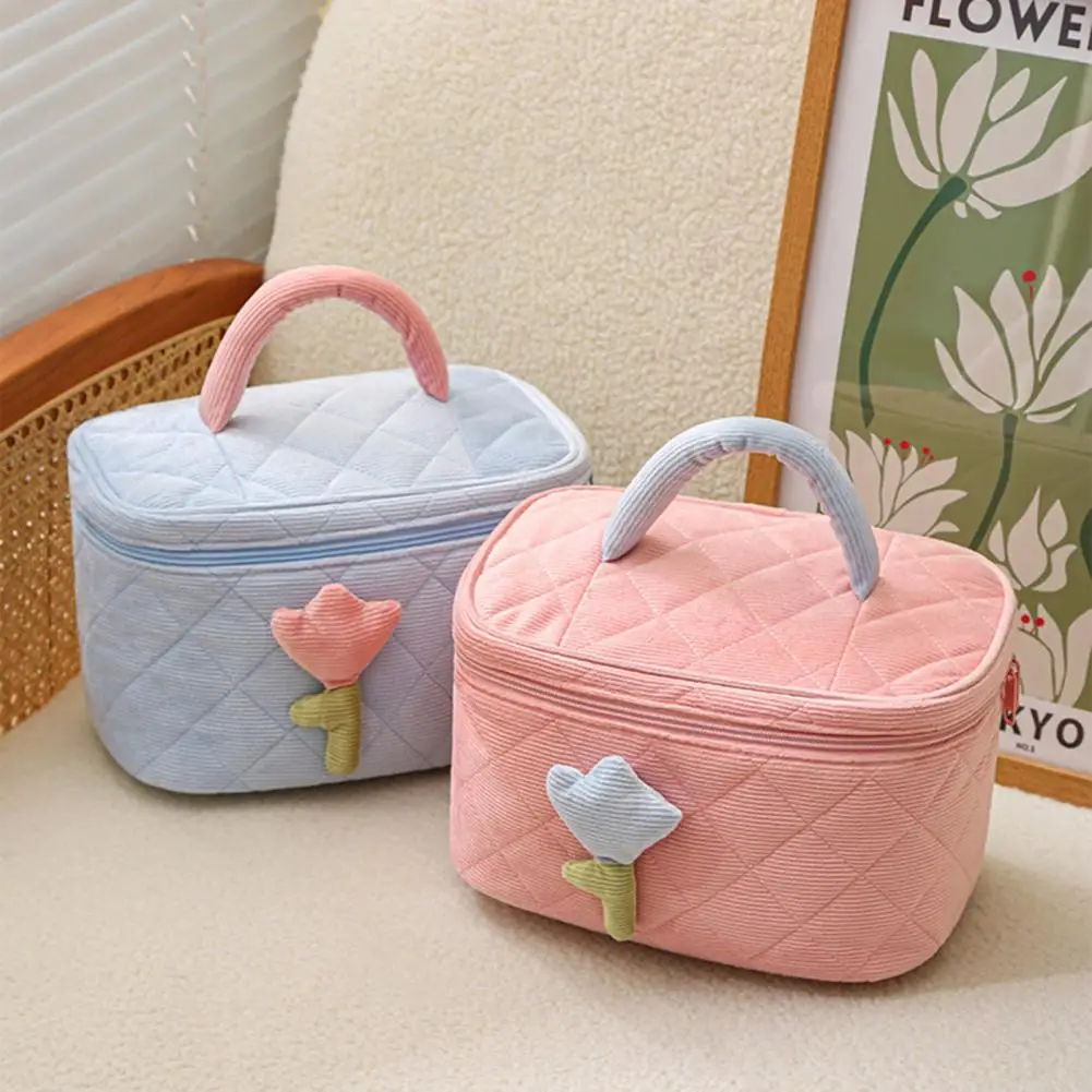 Sweet Girls Cosmetic Bag 3D Tulip Flower Large Capacity Portable Soft Corduroy Travel Toiletry Makeup Case косметичка neceser