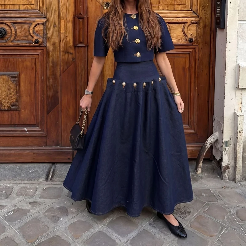 

Summer O-neck Short Sleeve Tops Skirts Matching Sets Fashion Tie-up Women's Cowboy Style Set Chic Metal Button Denim Skirts Sets