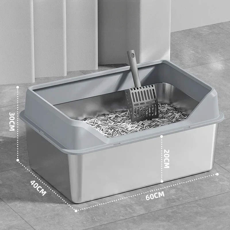 Afbeelding 7: Extra grote roestvrijstalen kattenbak Hoogzijdige geurcontrolebak Gemakkelijk schoon te maken huisdierpan met schep Duurzame Kitty toiletbak