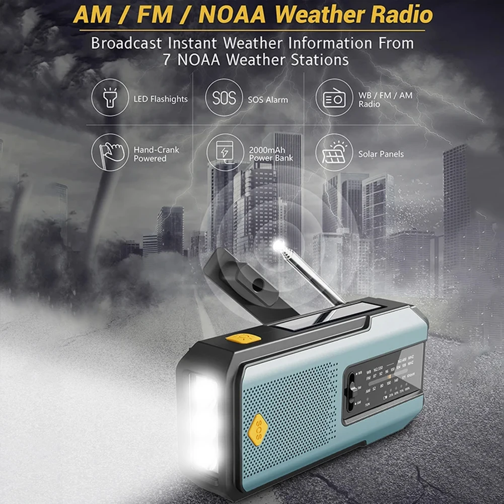 

Emergency Hand Crank Radio 2000mAh Power Bank Phone Charger AM/FM/WB NOAA Portable Weather Radio SOS Alarm for Emergency Camping