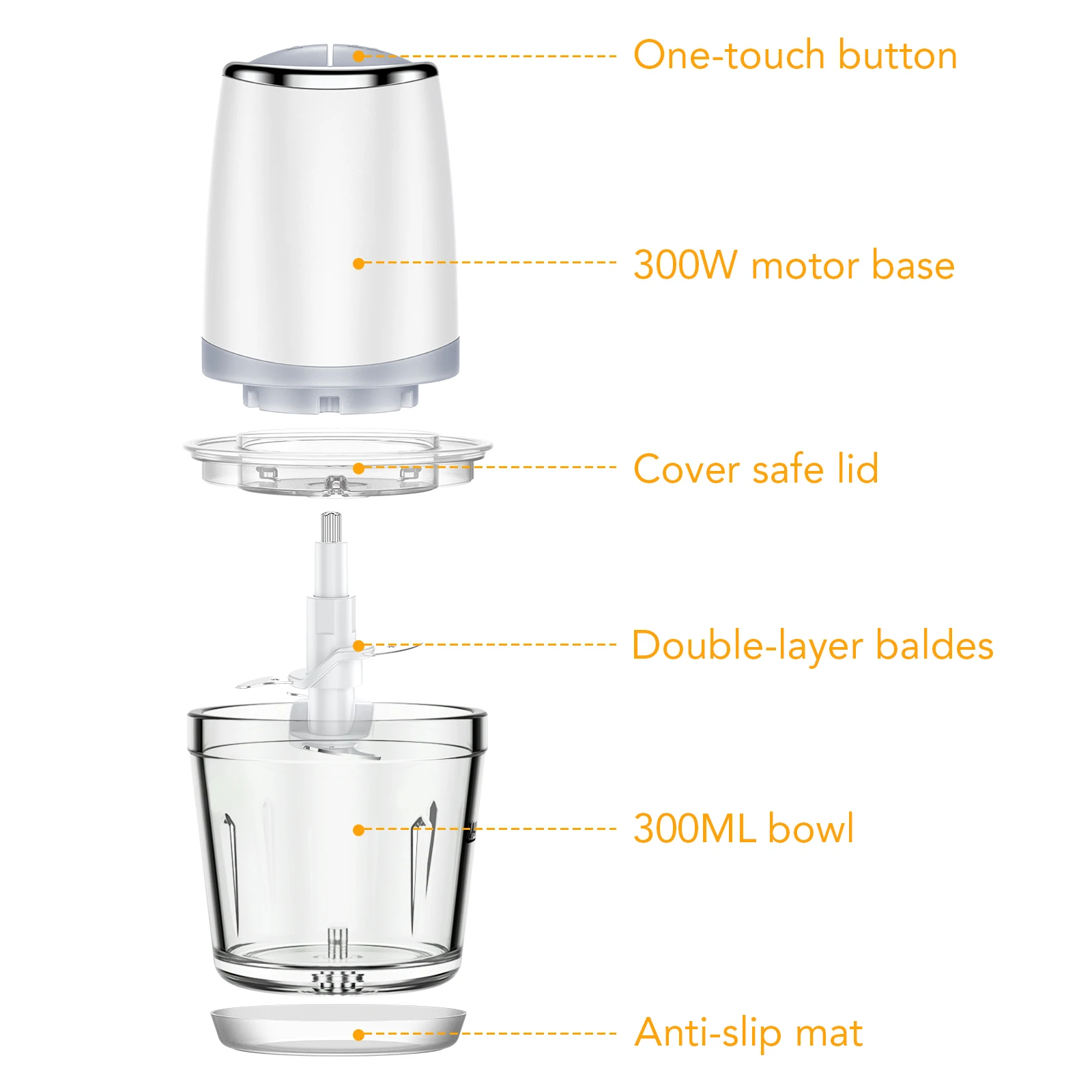 Mini robot culinaire américain avec bol en verre de 2.5 tasses, petit hachoir électrique, 2 vitesses, pour la viande, les fruits, poids kg, Pu123, 300W