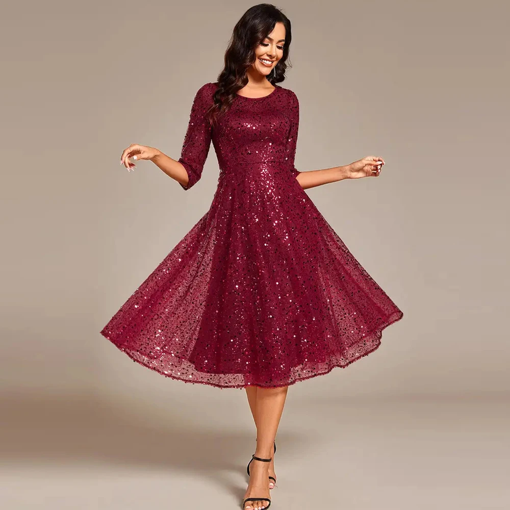 BAZIIINGAAA Party Dress Elegant Round Neck 3/4 Puff Sleeve Bodycon Sequin Evening Dresses with Paillette