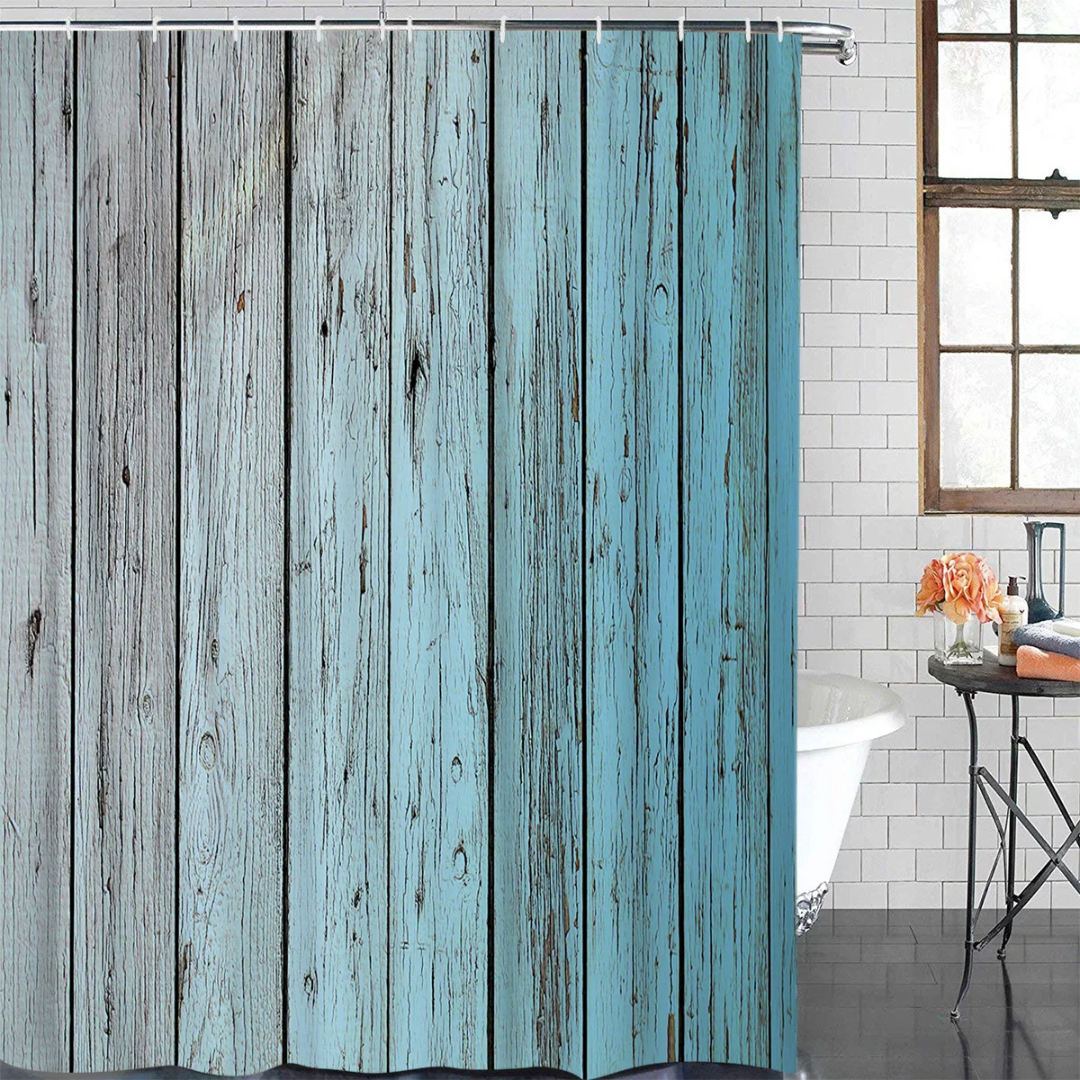 Blue Vintage Shabby Wood Waterproof Bathroom Decoration Shower Curtain With Hook Printed Bathtub Curtains Bathroom Accessories