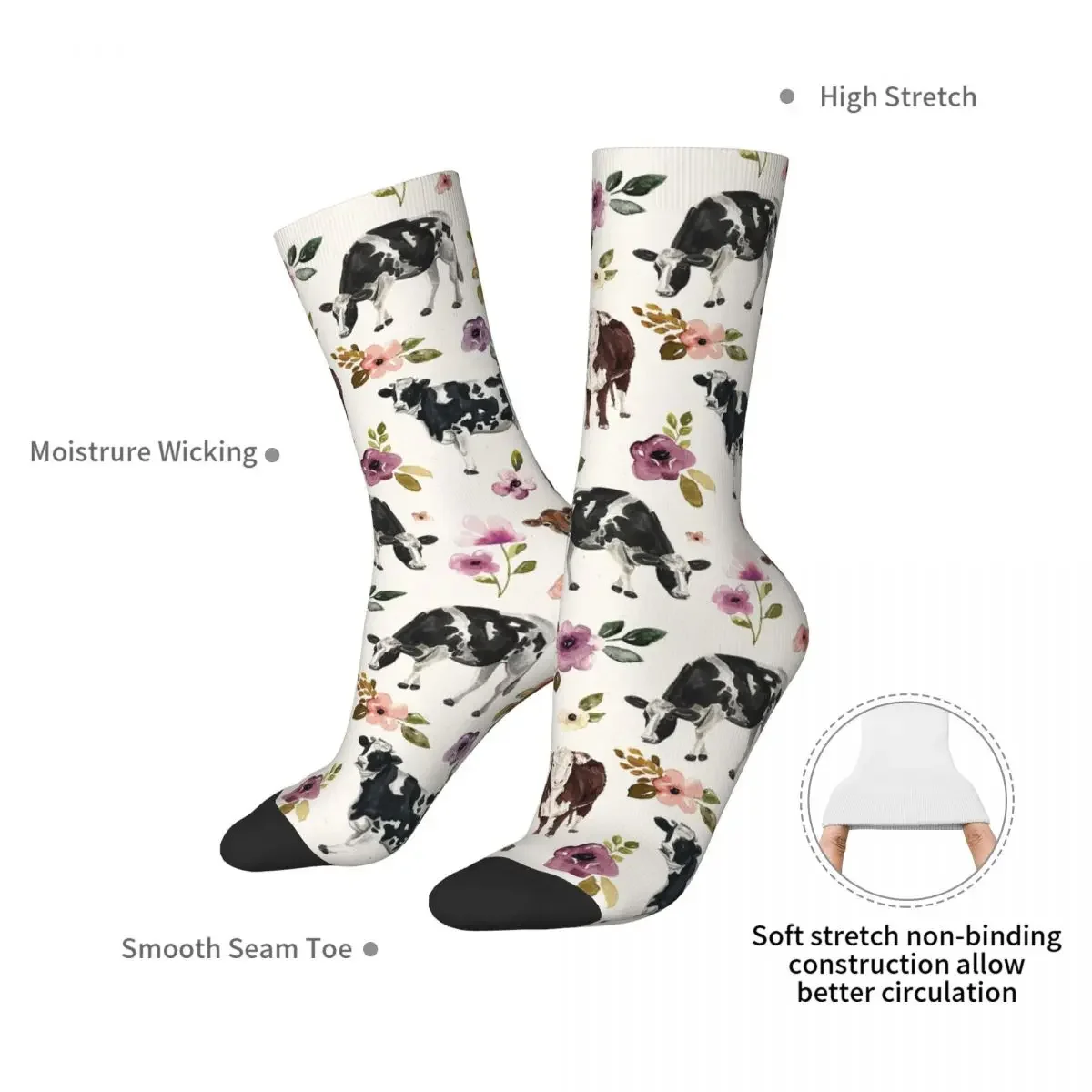 Cows And Flowers, Farmhouse, Purple Floral, Cowgirl Cow Art Print Socks Harajuku Sweat Absorbing Stockings All Season Long Socks