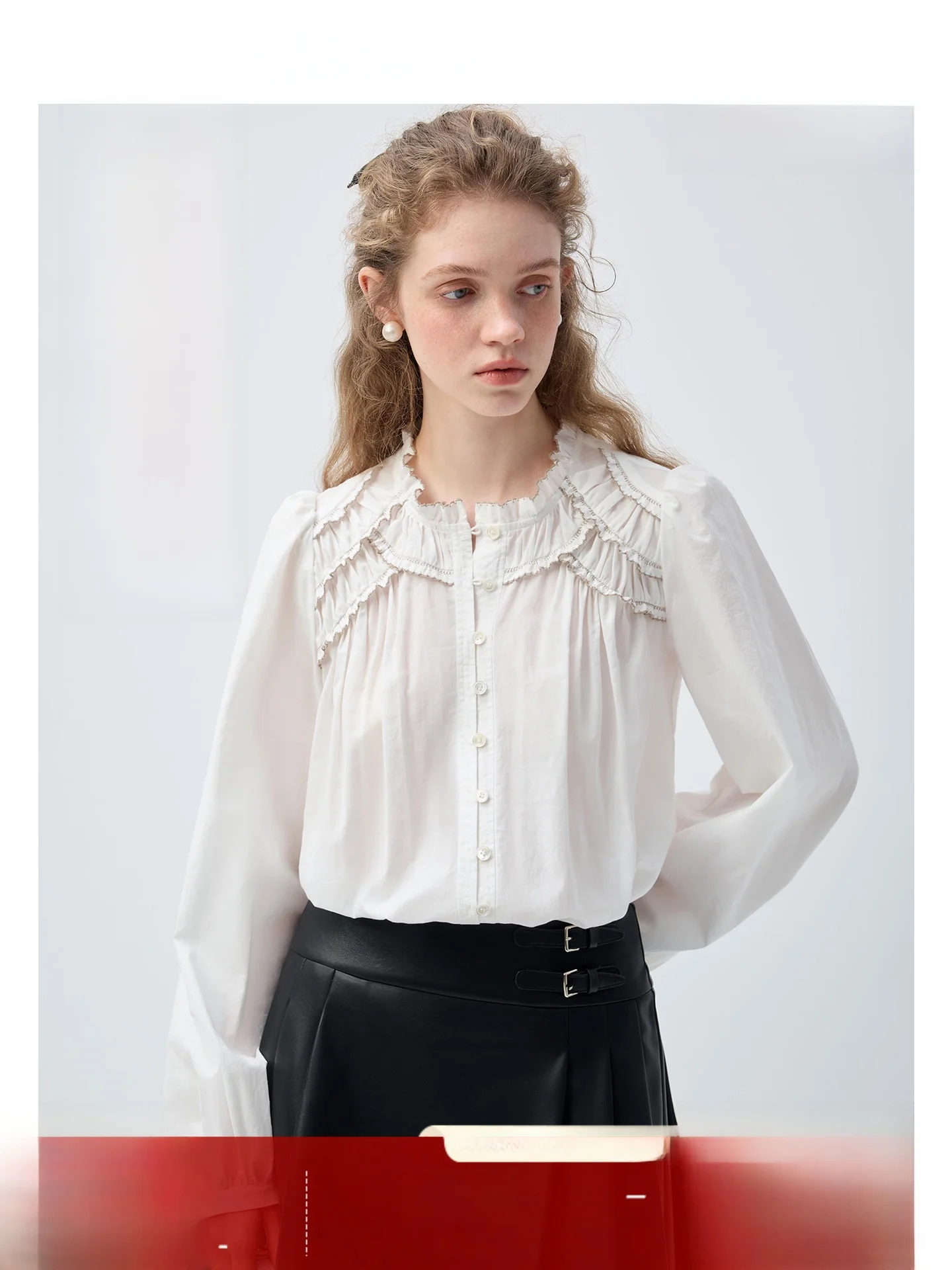 

VEGA CHANG Women's Cotton Feel Bubble Sve irt Gentle Vintage Embroidered Lotus Collar Spring New Sle Korean Loose Fit