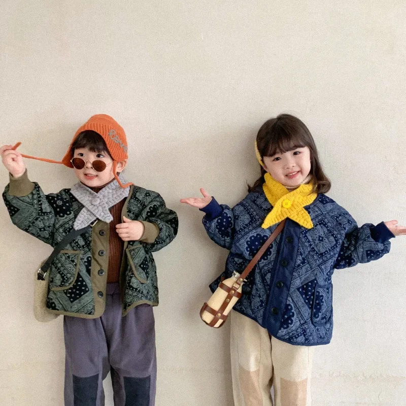 

Korean style Winter boys girls fashion retro floral quilted loose jackets 1-6 years kids oversized loose coats