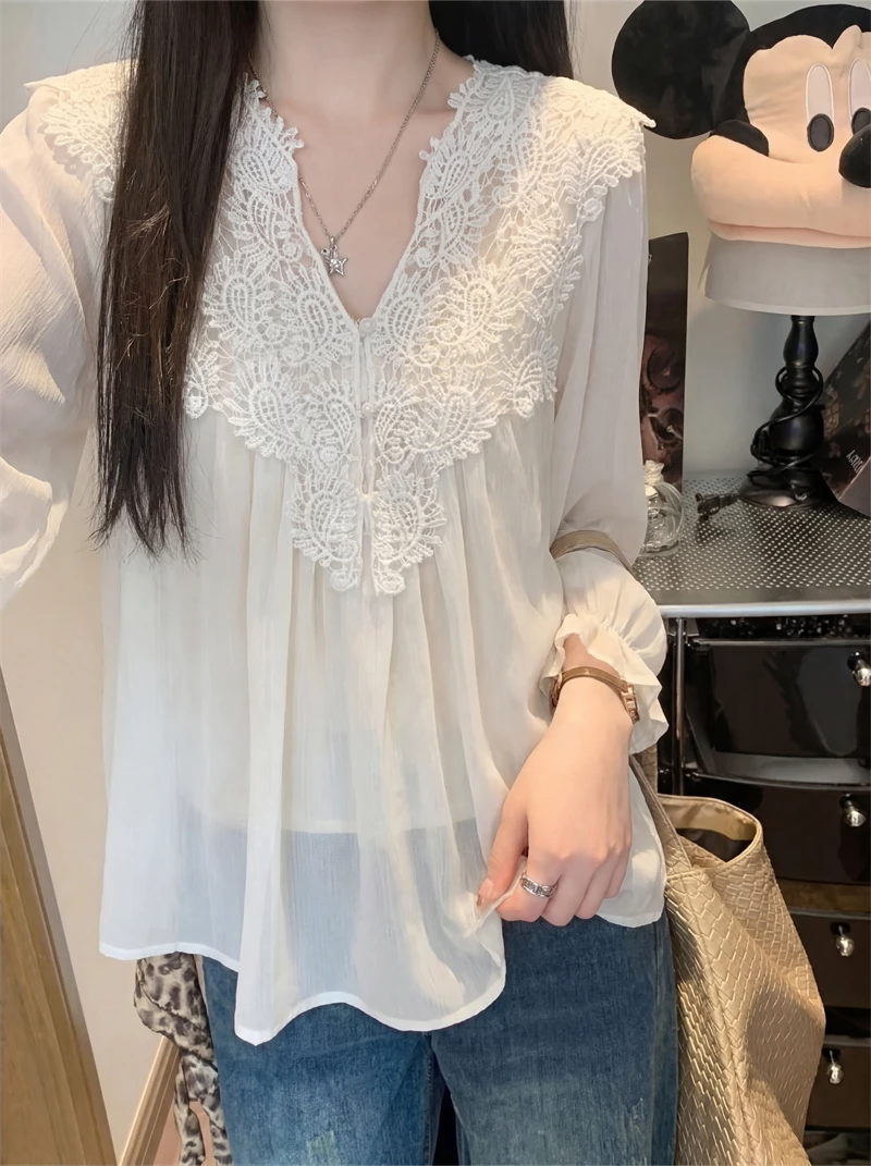 

Женская шифоновая блузка Sweet Summer с V-образным вырезом, мягкая, повседневная, модная, с рукавами-фонариками, свободного кроя, с длинными рукавами