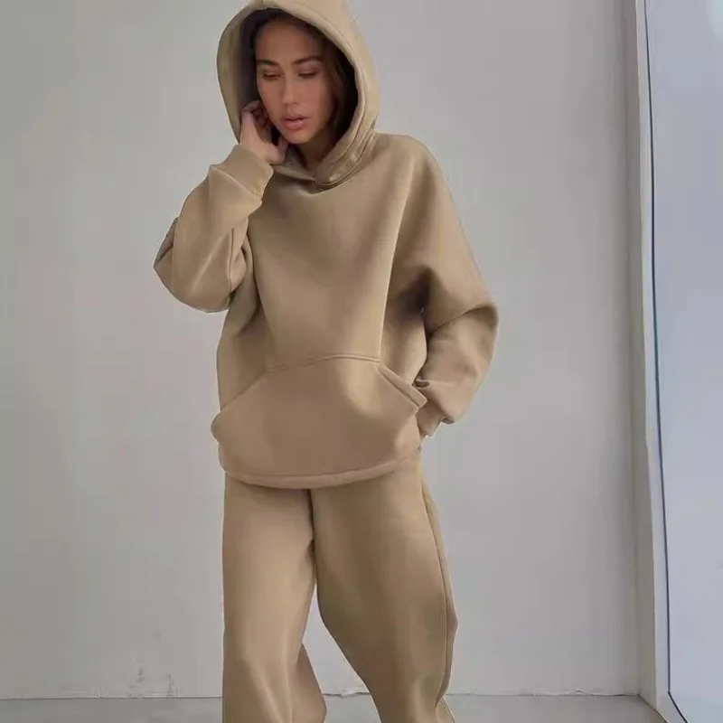 Costume de sport ample pour femme, sweat à capuche décontracté avec poche, pantalon droit, ensemble 2 pièces, automne et hiver, 2024 nouveau