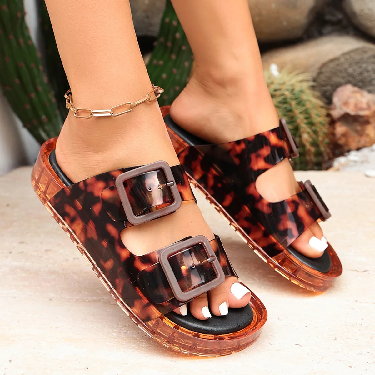 2026 Neue Damen-Leoparden-Jelly-Sandalen mit Doppelschnalle, Dicker Sohle, Rutschfest, Atmungsaktiv, für Outdoor und Strand, Modische Slides – Detail 6