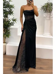 Women's Prom Dress Spring And Autumn New Party Satin Wrap Chest Maxi Lace Sexy Backless Fashion Splicing Dresses For Women Robe
