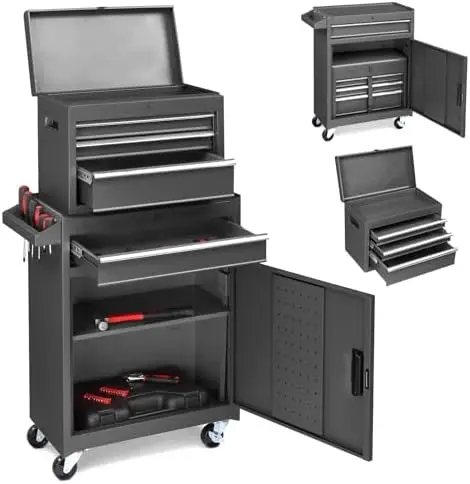 4-Drawer Rolling Tool Chest, 2-in-1 Large Storage Toolbox, Black | Detachable Top Cabinet, Lockable Wheels, Hooks
