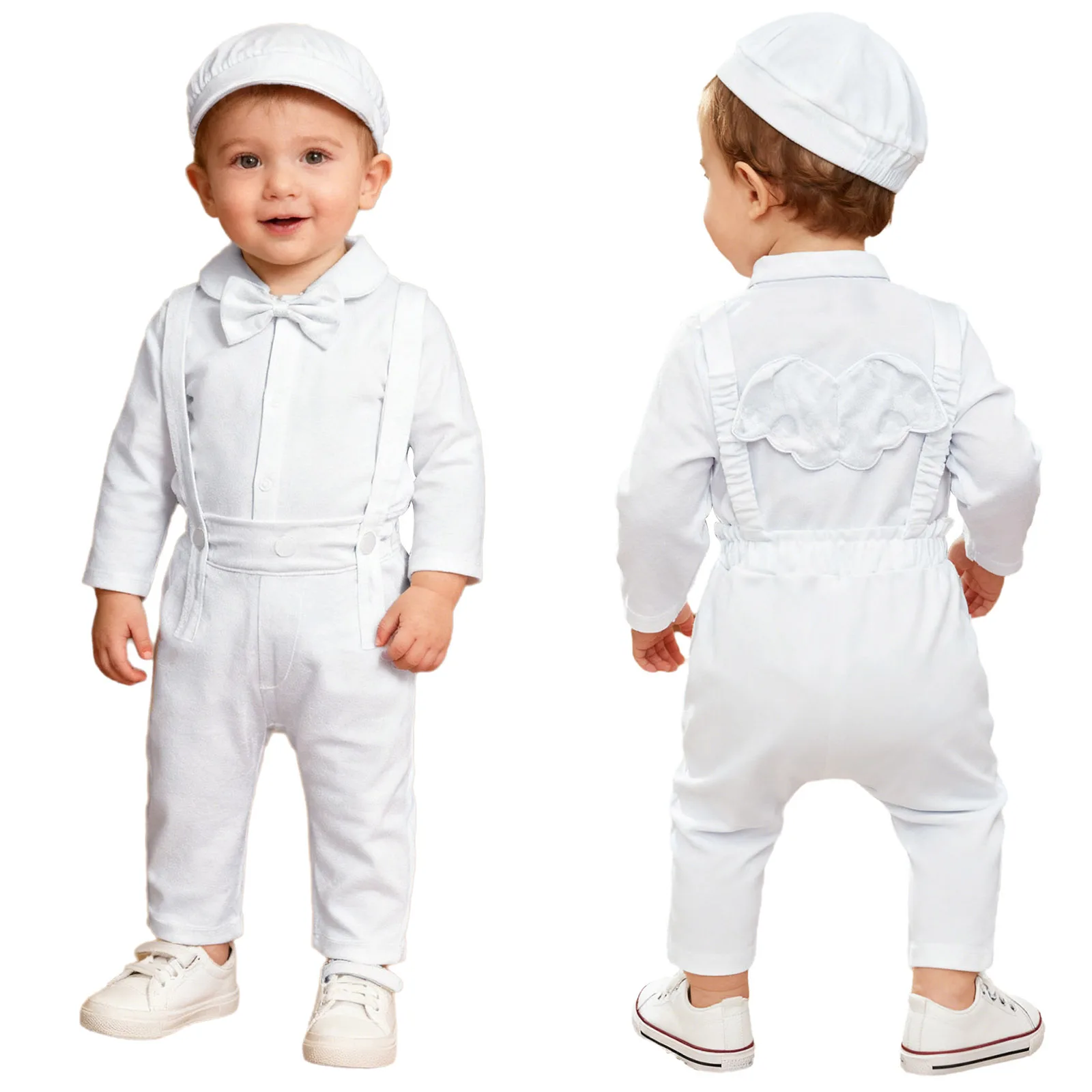 

Newborn Baby Boys Gentleman Suit Long Sleeve Rompers with Velvet Suspender Pants Bowtie Hat for Christmas Wedding Birthday Party