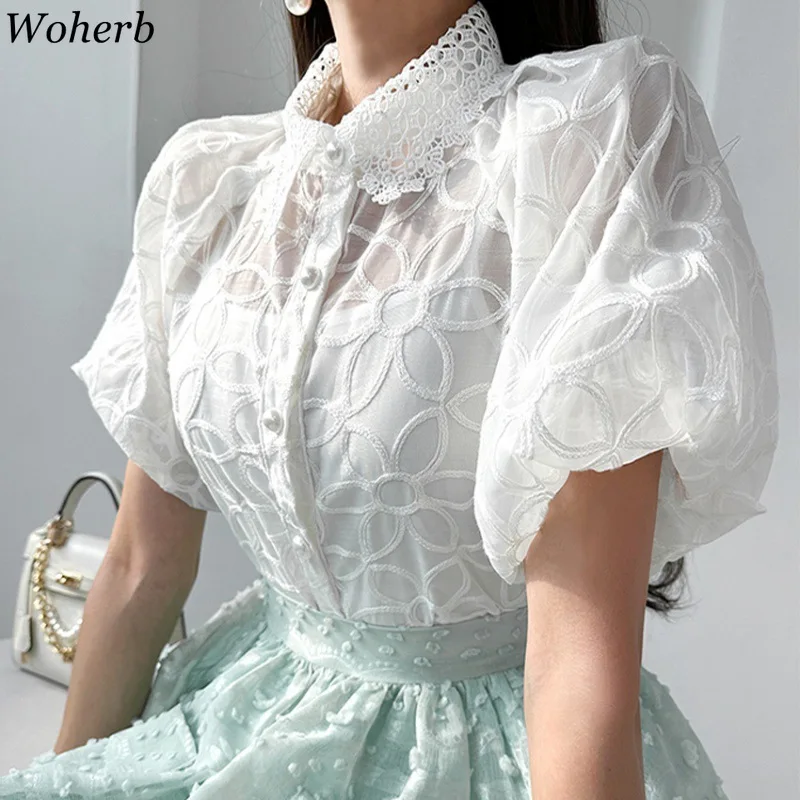

Two Piece Sets Women's Clothing Lace Embroidery See Through Puff Sleeve Blouse + Simple Solid Vest Casual Fashion Korean Suit