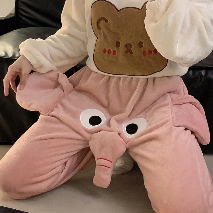 Elephant Pajamas Flannel Sleepwear Sleep Bottoms Pants with Big Nose Ears Trunk Funny Animal Trousers Couple Homewear for Winter