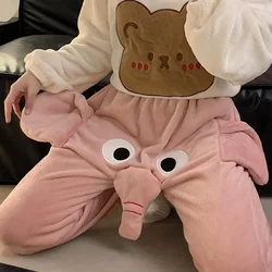 Sleep Bottoms Pants with Big Nose Ears Trunk Funny Animal Trousers Elephant Pajamas Flannel Sleepwear Couple Homewear for Winter